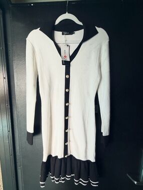 MIROL White Maxi Dress with Black Trim and Gold Buttons